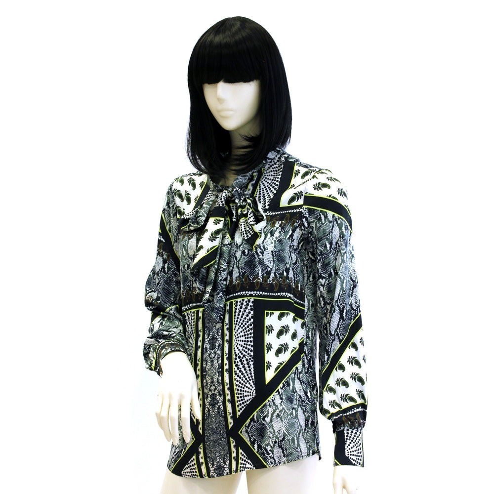Jijil Mixed Snake Print Tie Neck Long Sleeve Blouse with Smocked Cuffs Size 42